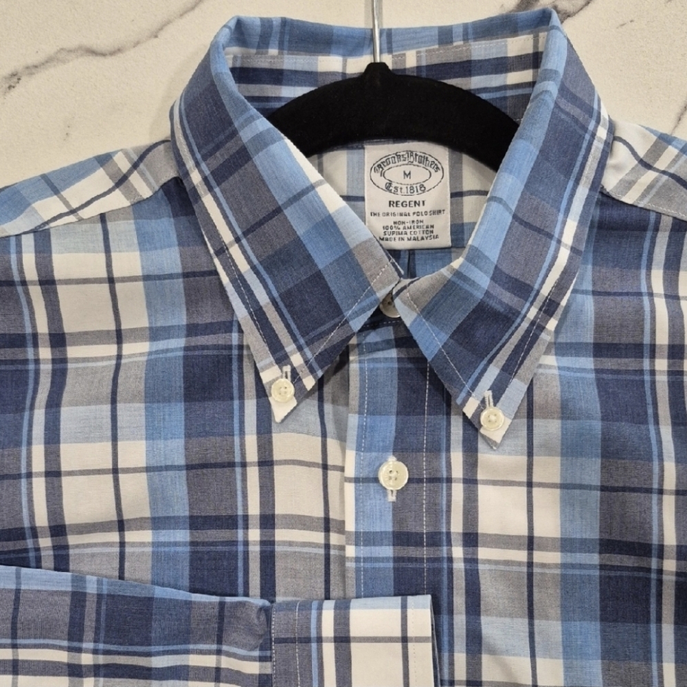 EUC Brooks Brothers Regent Button Down Shirt Medium, Blue Plaid Long Sleeve